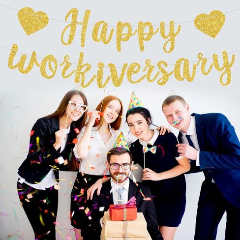 Gold Glitter Happy Workiversary Banner - NO DIY -Black Work Anniversary Decorations, Pre-Strung -Sign Bunting for Work Party Office Party，Office Party Theme Decoration Sign in Saudi Arabia