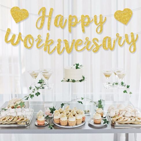 Gold Glitter Happy Workiversary Banner - NO DIY -Black Work Anniversary Decorations, Pre-Strung -Sign Bunting for Work Party Office Party，Office Party Theme Decoration Sign in Saudi Arabia