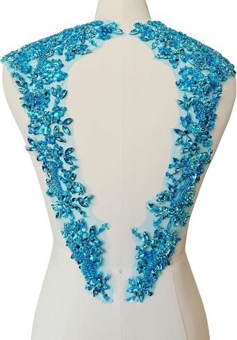 Handmade Beaded Rhinestone Appliques Sew on Crystal Lace Patch 1 Pair for DIY Clothing Wedding Dress Multi-Color Costume Decoration 7.4X18inches (Silver) in Saudi Arabia