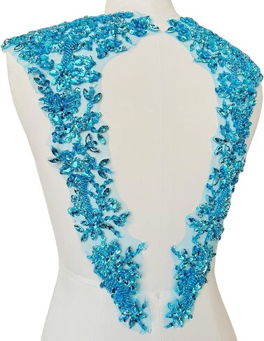Handmade Beaded Rhinestone Appliques Sew on Crystal Lace Patch 1 Pair for DIY Clothing Wedding Dress Multi-Color Costume Decoration 7.4X18inches (Silver) in Saudi Arabia