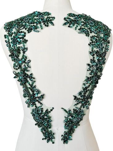 Handmade Beaded Rhinestone Appliques Sew on Crystal Lace Patch 1 Pair for DIY Clothing Wedding Dress Multi-Color Costume Decoration 7.4X18inches (Silver) in Saudi Arabia