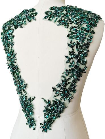 Handmade Beaded Rhinestone Appliques Sew on Crystal Lace Patch 1 Pair for DIY Clothing Wedding Dress Multi-Color Costume Decoration 7.4X18inches (Silver) in Saudi Arabia
