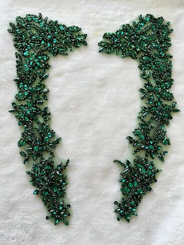 Handmade Beaded Rhinestone Appliques Sew on Crystal Lace Patch 1 Pair for DIY Clothing Wedding Dress Multi-Color Costume Decoration 7.4X18inches (Silver) in Saudi Arabia