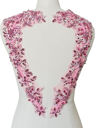 Handmade Beaded Rhinestone Appliques Sew on Crystal Lace Patch 1 Pair for DIY Clothing Wedding Dress Multi-Color Costume Decoration 7.4X18inches (Silver) in Saudi Arabia