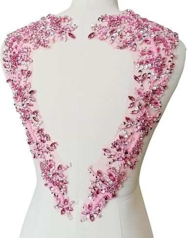Handmade Beaded Rhinestone Appliques Sew on Crystal Lace Patch 1 Pair for DIY Clothing Wedding Dress Multi-Color Costume Decoration 7.4X18inches (Silver) in Saudi Arabia