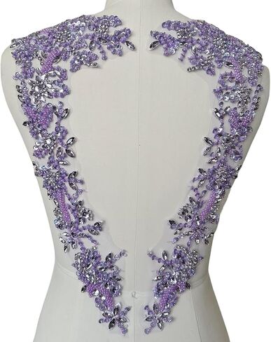 Handmade Beaded Rhinestone Appliques Sew on Crystal Lace Patch 1 Pair for DIY Clothing Wedding Dress Multi-Color Costume Decoration 7.4X18inches (Silver) in Saudi Arabia