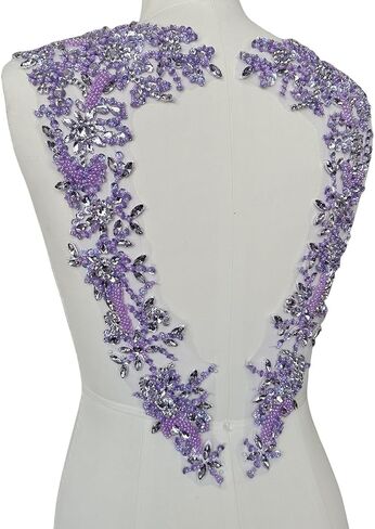 Handmade Beaded Rhinestone Appliques Sew on Crystal Lace Patch 1 Pair for DIY Clothing Wedding Dress Multi-Color Costume Decoration 7.4X18inches (Silver) in Saudi Arabia