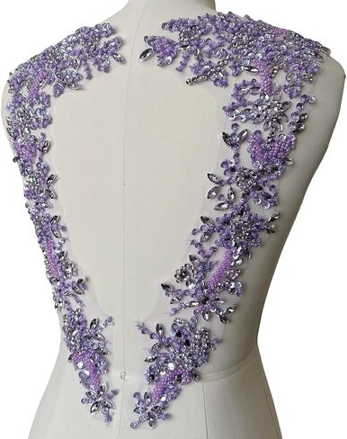 Handmade Beaded Rhinestone Appliques Sew on Crystal Lace Patch 1 Pair for DIY Clothing Wedding Dress Multi-Color Costume Decoration 7.4X18inches (Silver) in Saudi Arabia