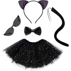 5Pcs Black Cat Costume Set Include Black Cat Ears Tail Bow Tie Tutu Skirt and Glasses for World Book Day Dress up