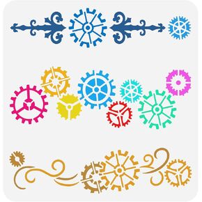 FINGERINSPIRE Steampunk Stencil 11.8x11.8 inch 3 Styles Gears Stencil Plastic Gear Border Pattern Drawing Painting Reusable DIY Art and Craft Stencils for Painting on Wall Canvas Furniture Floor