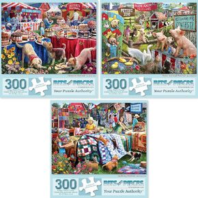 Bits and Pieces – Value Set of Three 300 Piece Jigsaw Puzzles for Adults – Desserts, Farm Animal, Quilting Jigsaw Puzzles by Artist Larry Jones, Completed Puzzle Size: 18" x 24"