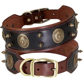 PET ARTIST 2" Wide Genuine Leather Dog Collar, Heavy Duty Handmade Spiked & Studded Collar, Vintage Soft Leather Collar for Large Dogs, Black, XL