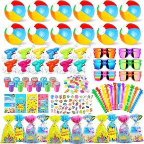 158PCS Pool Party Favors and Beach Party Favors,Summer Pool Toys for Kids, Undersea theme decoration, Including Beach Balls, Sunglasses, Bubble Wands, Stamp and Crystal Shells for Kids Ages 4-8 8-12
