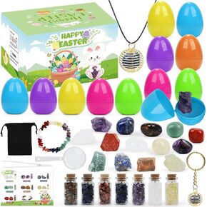 Qouinuey Prefilled Easter Eggs with 24 PCS Gemstones Crystals, Easter Basket Stuffers for Kids Party Favor Egg Hunt Game Classroom Exchange Gift for Boys Girls