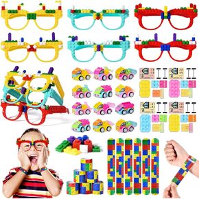 Winrayk 12 Sets Building Blocks Party Favors Birthday Supplies for Kid, DIY Building Bricks Glasses/DIY Mini Engineering Vehicle/Slap Bracelet, Teen Girls Boys Game Valentine Gift Classroom Prizes