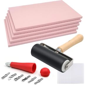 5 Pack 4x6 Pale Pink Rubber Stamp Carving Blocks Linoleum Block with Linoleum Cutter and Rubber Brayer Roller for Stamp Maker Printmaking Supplies