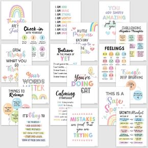 Decorably 18 Mental Health Posters for Classroom, 8x10in Matte-Laminated Inspirational School Psychologist Office Decor