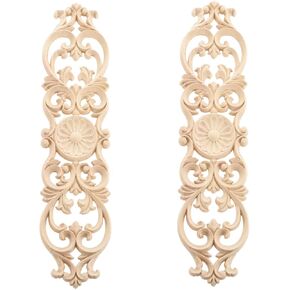 2Pcs Wood Appliques, Decorative Carved Wooden Onlays Furniture Makeover, Long Carvings Side Decals for Wall Bed Door Mirror Dresser Cupboard Closet Cabinet DIY Craft Project, 40x9cm/15.75x3.54in