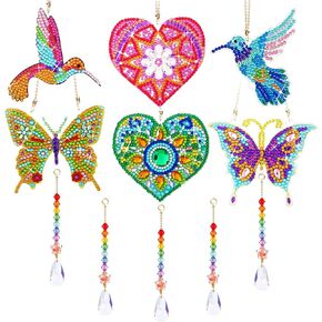 Yulejo 6 Pcs Diamond Painting Suncatcher Diamond Painting Art Kit for Kid Adult Double Sided Diamond Painting Hanging Ornament Butterfly Heart Hummingbird Crystal Suncatcher Wind Chime Home Decoration