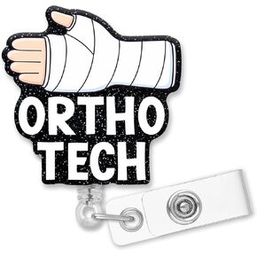 Retractable Ortho Tech Badge Reel with Alligator Clip, Funny Black Glitter Bandaged Hand Badge Holder Gift for Doctors Nurses Orthopedic Surgical OR MA Nurse Radiology X-Ray, Healthcare Gift