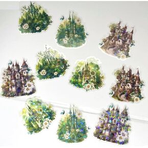 10pcs PET Transparent Watercolor Castle Flower Stickers Decals Bulk for Water Bottles Scrapbooking Journaling Door Firefighters Cars Resin Glass Cups Envelopes (Yellow Sunflower Castle)