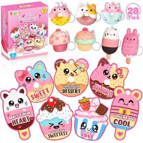 28 Pack Valentines Day Gifts for Kids, Valentines Cards for Kids Classroom Exchange Gift with Dessert Squishy Toys Keychains, Valentines Party Favors and Prizes for Boys Girls