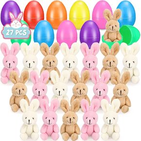 27 Set Filled Easter Eggs with Plush Bunny 4.33 Inch Colorful Bunnies Plush Plastic Easter Eggs Prefilled with Stuffed Animals for Kids Toddler Egg Hunt Easter Basket Stuffer Party Favors