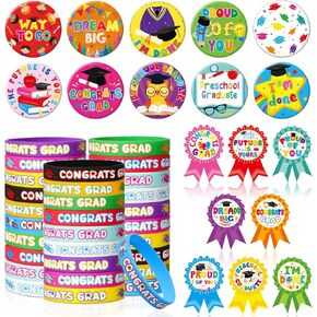 90 Pcs Preschool Graduation Party Favor Set, 30 Kindergarten Congrats Grad Rubber Bracelet Wristbands 30 Prek Grad Badge Sticker and 30 Kid Button Pins Badges for Pre K Graduation Party Supplies