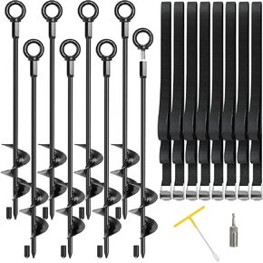 Trampoline Stakes, 18" Trampoline Anchors High Wind Heavy Duty Kit, Ground Anchors with Strong Straps, Trampoline Tie Down Anchor Kit, Screw in Earth Stakes for Sheds Swing Set Tent Carports