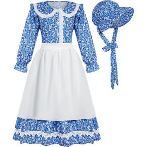 Cuteshower Colonial Costume Girls Prairie Pioneer Dress Girls Blue Halloween School Party Dress Up
