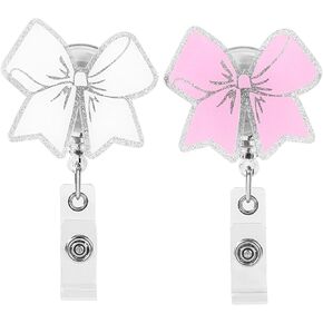 2pcs Bow Badge Reel, Acrylic Retractable Bow Badge Reel Pack Cute Name Tag Holders Clip for Nurse Medical Worker Nursing Student Teacher