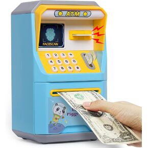 ATM Electronic ATM BANK SAFE للأطفال ، وهدايا للفتيات عملة ، آلة توفير المال الحقيقي مع تذكير الصوت التذكير وجه كلمة المرور