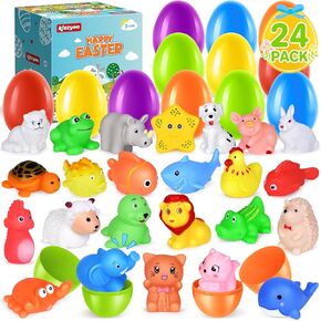 24 Pack Easter Eggs with Rubber Animals Squeeze Toys for Kids, Easter Eggs Filled for Egg Hunt Party Favors, Easter Basket Stuffers Classroom Prize Supplies, No Holes Pool Sand Toys for Boys Girls