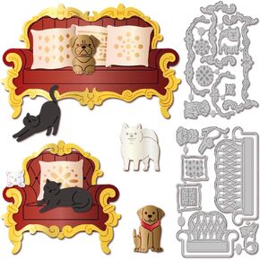 GLOBLELAND Sofa and Chair Cutting Dies Metal Retro Layered Cat and Dog Cutting Die Template Paper Cutting Dies for Scrapbooking Card Making Crafts Paper Cards