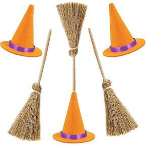 Mini Witch Hat with Mini Broom Miniature Straw Brooms for Halloween Party Craft Witches Decoration (Purple)