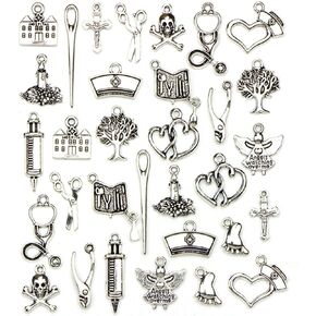 Hospital Medical Nurse Charms,Doctor Stethoscope Syringe Nurse Cap Hat Charm Pendant Connector for DIY Jewelry Making Findings(32pcs,Silver)