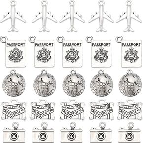 SUNNYCLUE 1 Box 80Pcs 5 Styles Alloy Travel Charms Passport Charms Bulk Tibetan Silver Retro Metal Airplane Camera Map Suitcase Charm for Jewellery Making Charms Supplies DIY Necklace Bracelet Earring