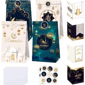 sorkwo 36 Pcs Eid Mubarak Gift Bags Set Ramadan Mubarak Bags Eid Mubarak Party Paper Bags Moon Lantern Gift Bags with 27 Stickers for Ramadan Mubarak Party Supplies