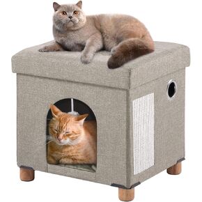 Brian & Dany Cat House للقطط الداخلية ، سرير كهف Cat للحيوانات الأليفة ، مكعب Cat مع Cat Scratch Board و Cat Ball ، 14.7 "× 14.1" × 12.7 "، Beige