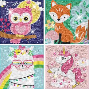 Bowetile 4 Pack 5D Diamond Art Kits for Kids Beginners, Cartoon Diamond Painting Animals Mosaic Kits for Kids, DIY Full Drill Gem Painting Art and Crafts for Kids Girls Ages 8-12 Home Decor, 6X6 inch