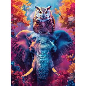 Yomiie 5D Diamond Art Painting Kits Elephant Owl, Paint with Diamonds Art Animals DIY Full Round Drill Kits, Embroidery Picture Rhinestone Diamond Crystal Craft Canvas Home Wall Decor 12x16 inch