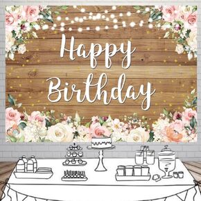 Rustic Wood Happy Birthday Backdrop Pink Floral Backdrop Photography Spring Birthday Party Decorations Banner with Flowers Party Decoration(7×5 FT)