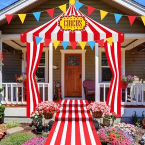 5 Pcs Carnival Entryway Party Decorations Set Circus Tent Decorations Red and White Striped Awning Hanging Banner Aisle Runners Red Blue Yellow Pennant Banner for Halloween Circus Birthday