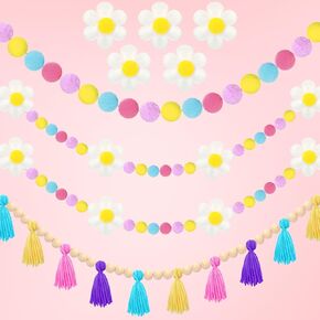 4 Piece Blue Dog Birthday Decoration, Total 26 ft Daisy Flower Banner Pink Purple Blue Pastel Pom Pom Garland for Dog Themed Birthday Party Supplies Baby Shower Spring Easter Classroom Backdrop