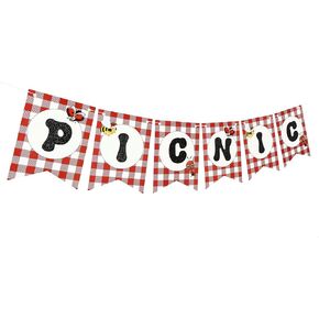 Picnic Letter Banner, red and white Gingham Swallowtail flags, teacher banner, classroom, birthday, insects banner,Picnic Happy Birthday Banner - BBQ Birthday Party Pennant - Red Gingham Banner,