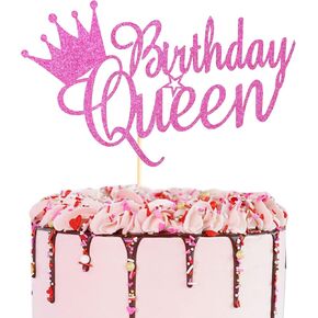 Queen Birthday Cake Topper Happy Birthday Cake Bunting Decor, Birthday Cake Picks Party Decoration Supplies for Lady Girl Women- Silver Glitter