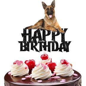 Black Glitter Happy Birthday Puppy Cake Topper for Pet Dog Theme Party Favors Decorations Men Women Kids Happy Birthday Party Decor Supplies