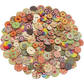 Wepetyo 300 Pcs Round Printed Wooden Buttons,Mixed Decorative Buttons,Vintage Wooden Buttons for Sewing DIY Crafts Handmade DIY(2 Holes Wooden Button,15mm,20mm,25mm)