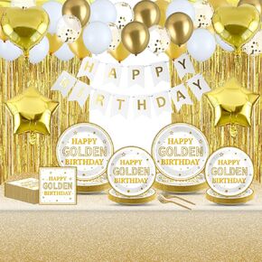 139PCS Happy Golden Birthday Party Supplies Set for 24 Guests White Gold Birthday Plates Tablecloth Banner Party Decorations Kit for Women Men White and Gold Balloons Fringe Curtain Tableware Decor