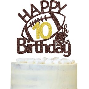 Happy 10th Birthday Cake Topper, America Football Fans 10th Birthday Cake Decorations, Double Digits 10, Glittery Touchdown Sport Themed 10th Birthday Party Decorations Supplies for Boy Girl
